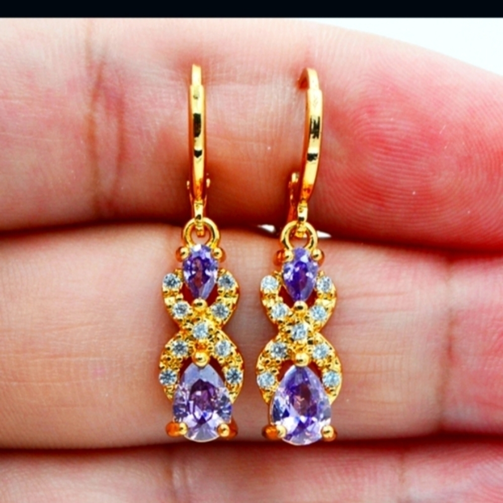 Amethyst CZ with Diamond CZ Dangle Earrings